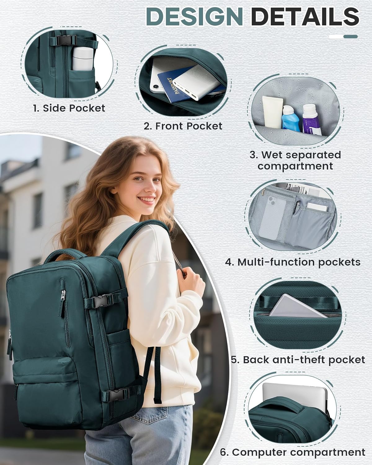 Vacuum Backpack Travel with Pump, Water Resistant Cabin Size Travel Backpack with Vacuum System, 18x14x8 Frontier Personal Item Travel Bag for Men Women Fits 16" Laptop Backpack, Peacock blue