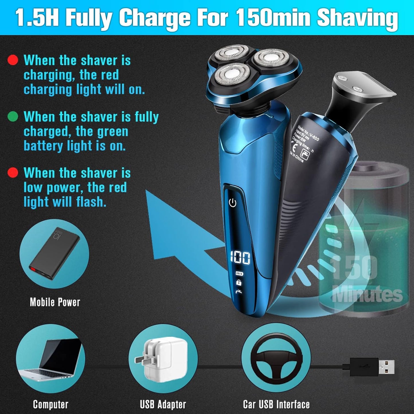 Electric Razor for Men,Men’s Electric Shavers Rotary,LED Display 100% Waterproof Cordless Razor, Wet/Dry Shaving,Shaver for Men Replaceable Blades Portable Travel Razors