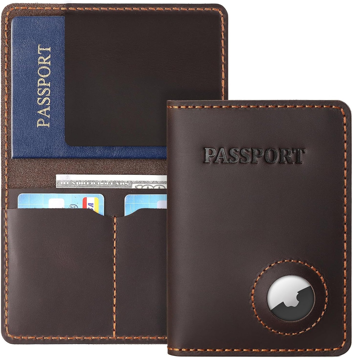 Real Leather Wallet Passport Vaccine Holder Combo Travel Organizer (Dark Brown)