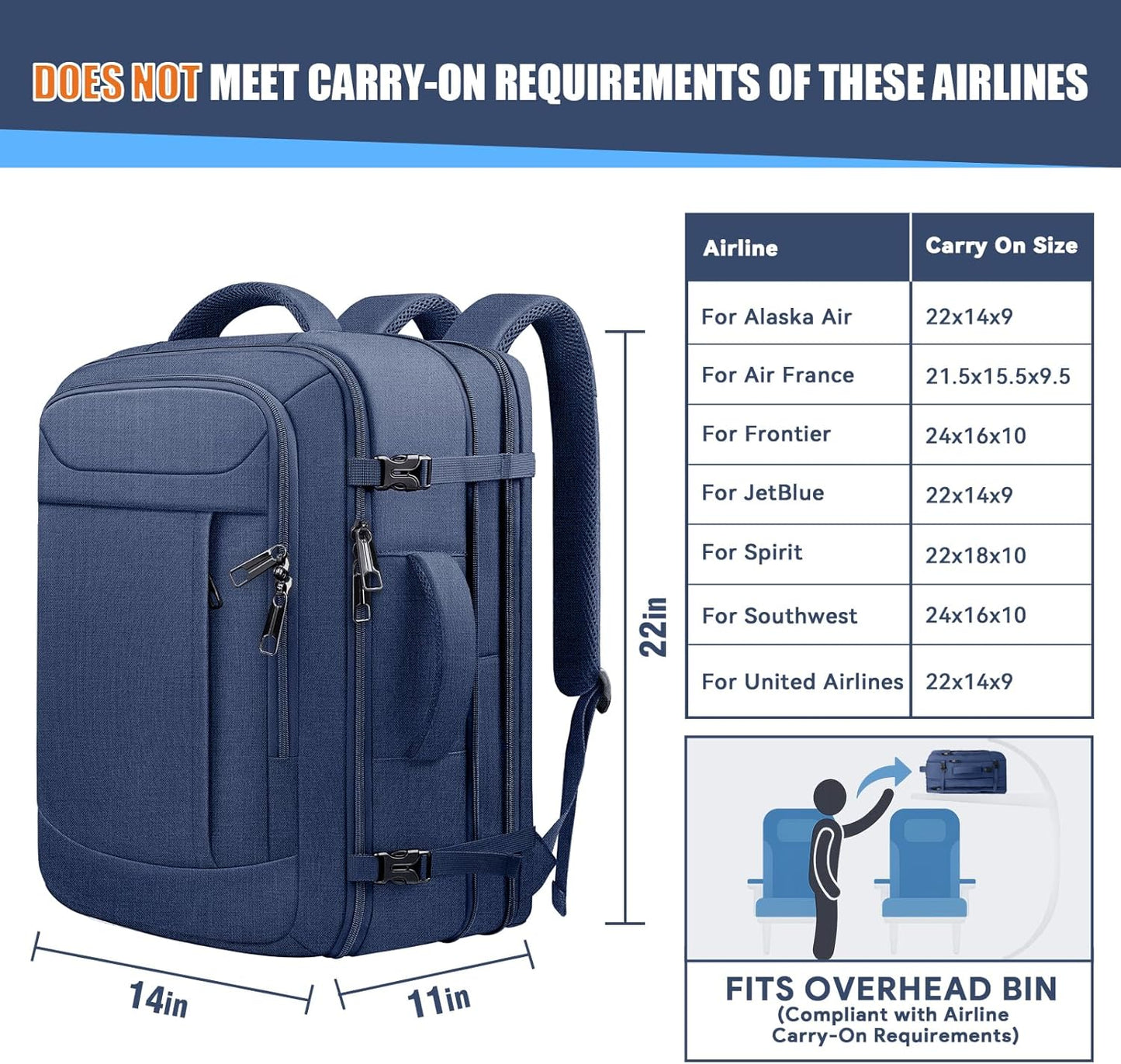 55L Travel Backpack, Extra Large Laptop Backpack, Carry On Backpack, Expandable 50L - 60L Large Luggage TSA Flight Approved Anti-Theft Laptop Bag, 18.4 Inch Business Weekender Bag For Men, Blue