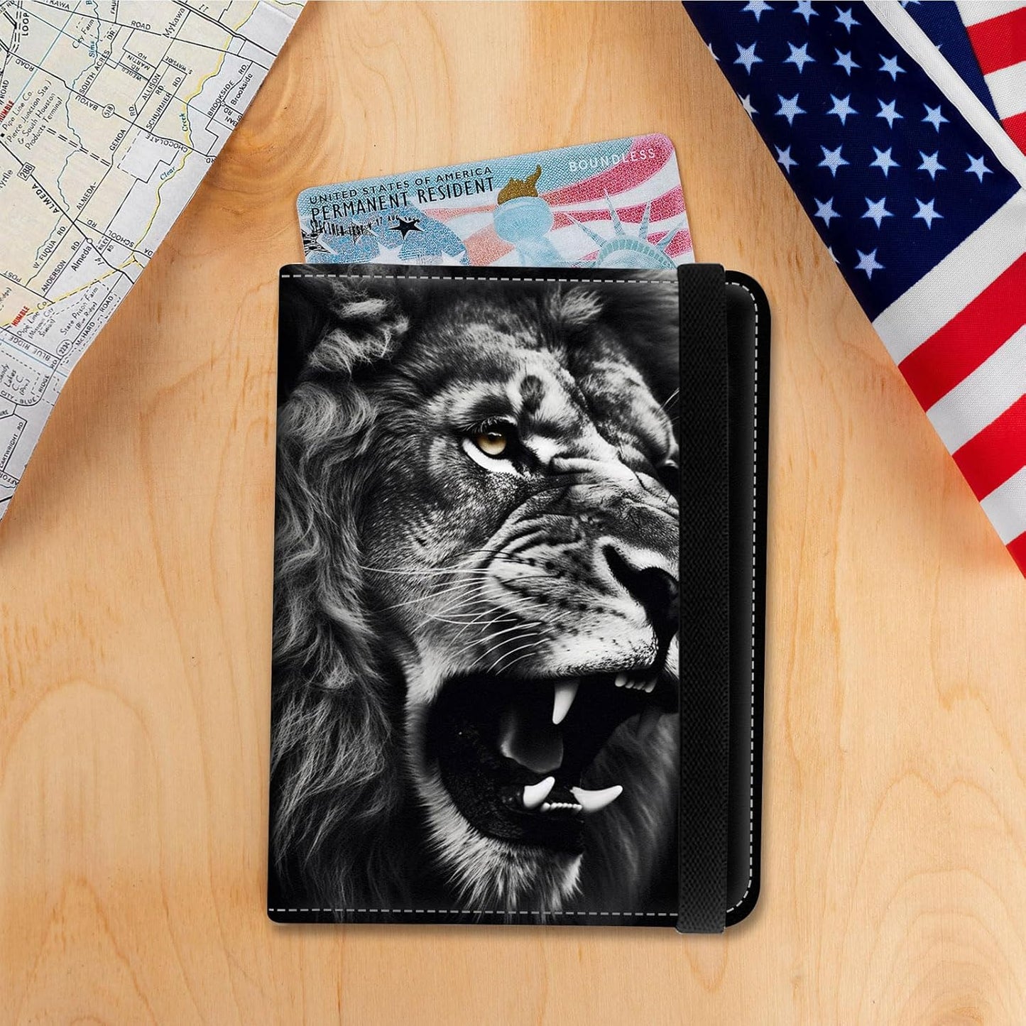 Passport Holder Cover Wallet Travel Essentials RFID Blocking Case Leather Passport Cover Wallet Vaccine Card Slot Organizer for Men Women, Lion