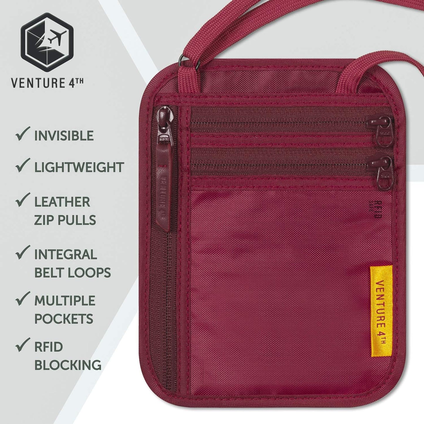 VENTURE 4TH RFID Blocking Travel Neck Wallet - Security Neck Pouch Passport Holder with Nylon Lining (Red)