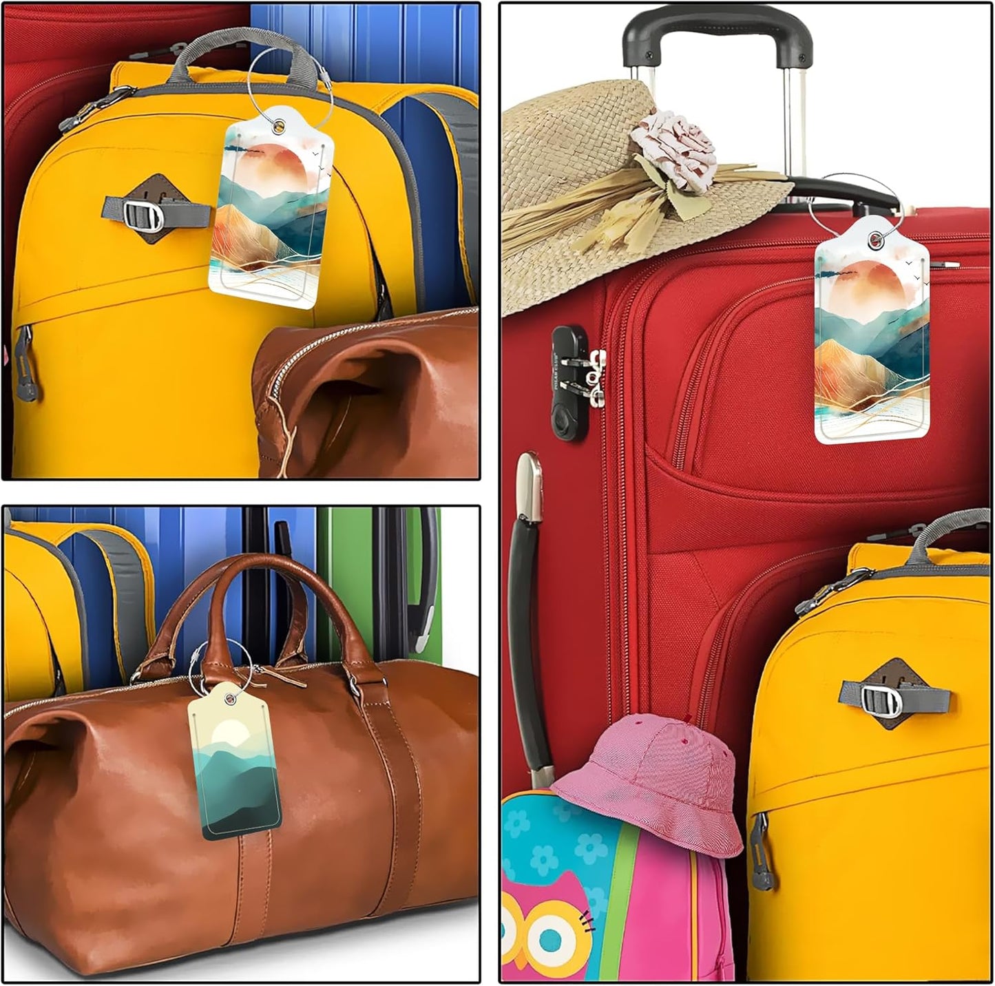 Abstract Mountains 2 Pack PU Leather Luggage Tags with Stainless Steel Loop, Watercolor Sunset and Mountains Travel Labels with Privacy Cover ID Label for Quick Spotting