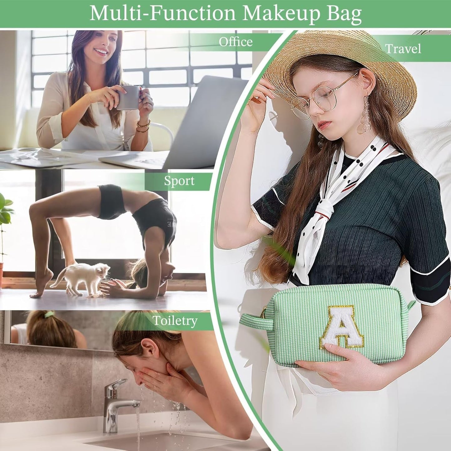 YOOLIFE Initial Makeup Bag Cosmetic Bag for Women, Travel Toiletry Bag, Cute Makeup Pouch Green M