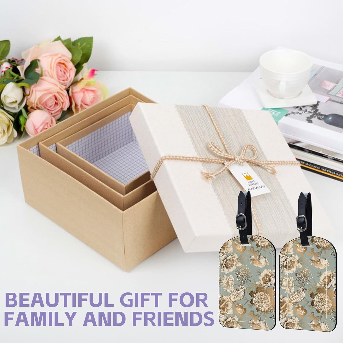 2 Pack Luggage Tags Vintage Gold Floral PU Leather Baggage Handbag Suitcase Tags with Secure Strap Privacy Cover ID Labels,Business Travel Baggage Tag Identifier