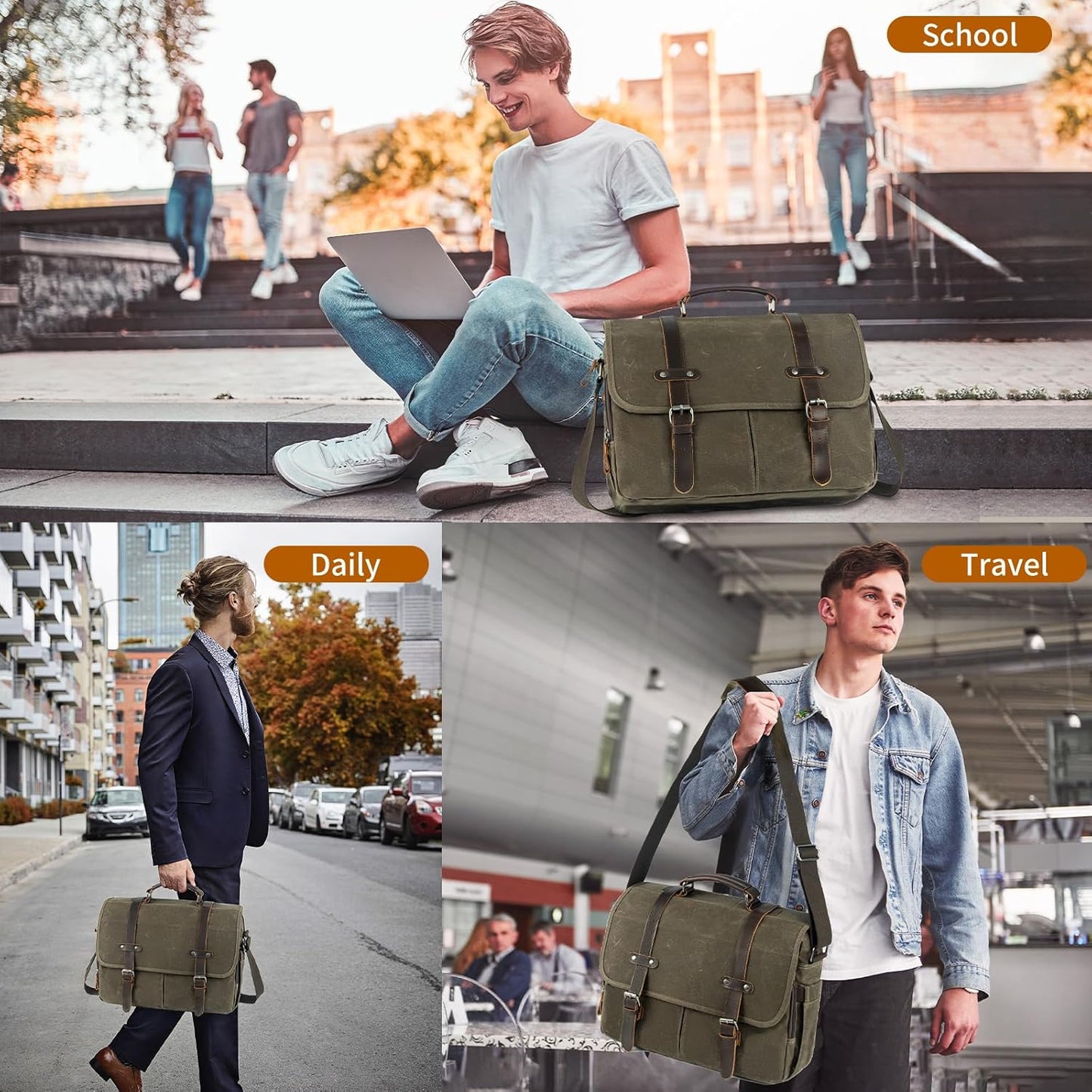 Wogarl 15.6" Messenger Bag for Men: Leather Waxed Canvas Briefcase Large Computer Laptop Bag Handbags Crossbody Bags for Work