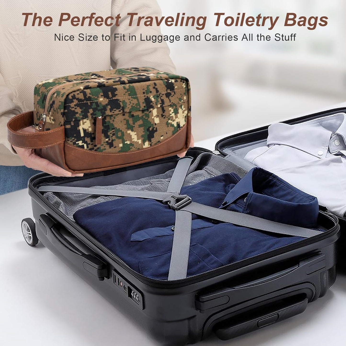 Travel Toiletry Bag for Men, Hanging Toiletry Organizer, Water Resistant Shaving Kit with Large Capacity for Travel Accessories (Camo-Green, Medium)