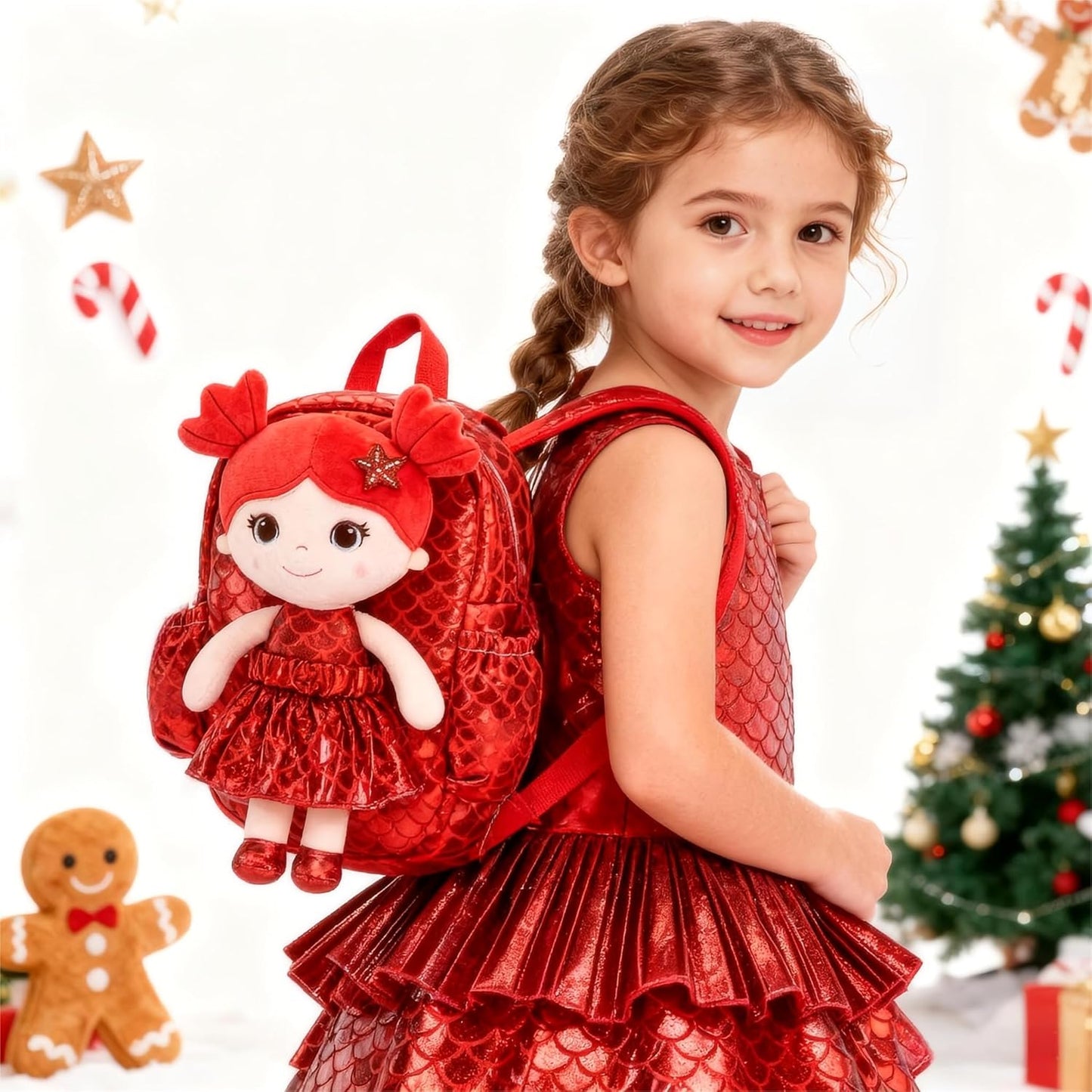 Lazada Toddler Backpack - Baby Girl Gifts Plush Doll Dress Backpack - Fashion Girls Tina Fish Scale Series - Red 11 Inches