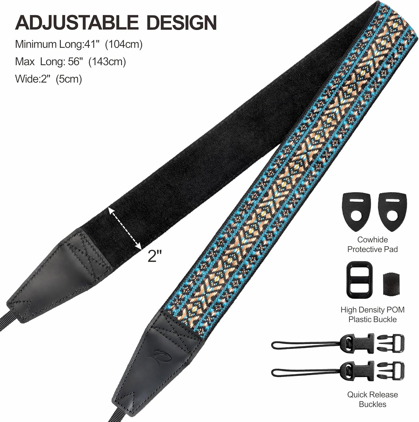 Padwa Lifestyle Boho Blue Camera Strap - 2" Full Grain Leather Ends Camera Straps for Photographers, Vintage Embroidered Cotton Weave Soft Suede Fabric Padded Strap Quick Release fits All Cameras