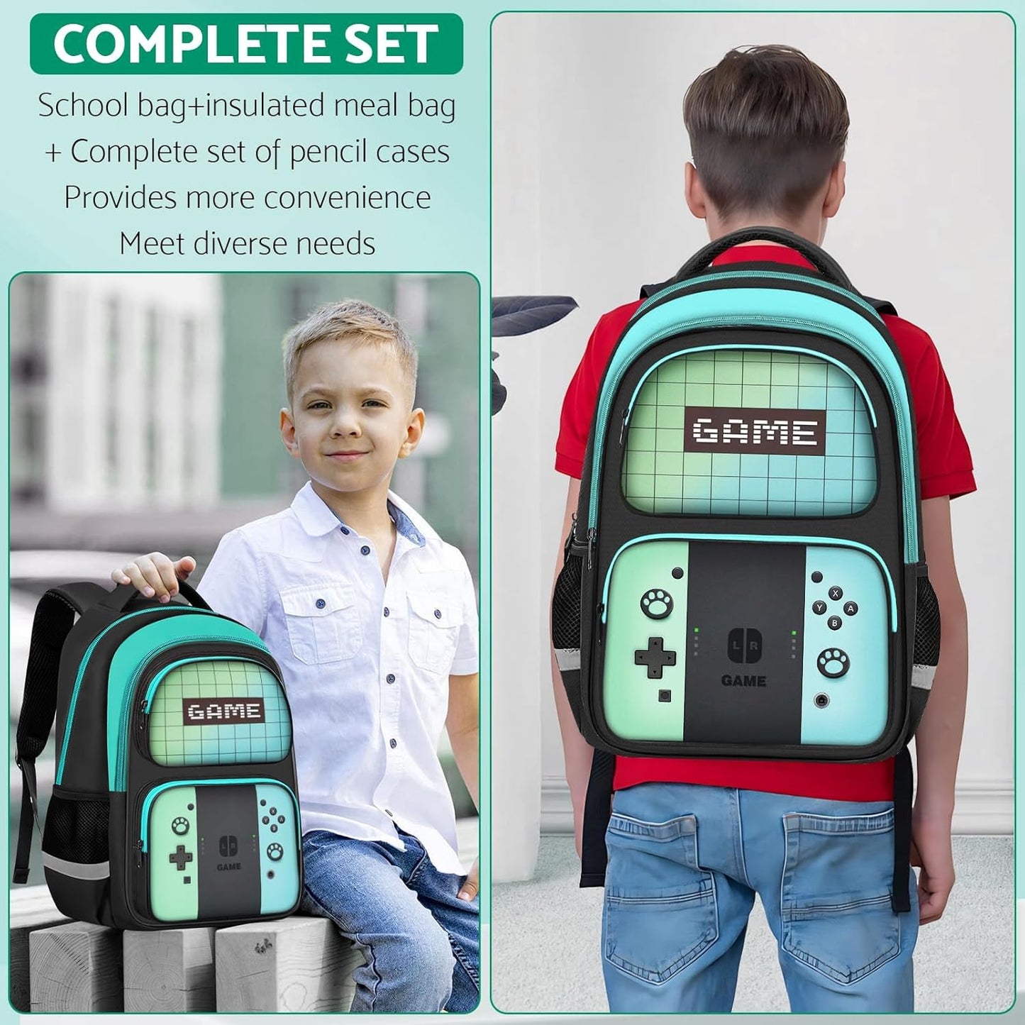 Kids Backpack For Boys,Gamer Boys Backpack For Children Teens Elementary Middle School, 17″ Students Bookbag
