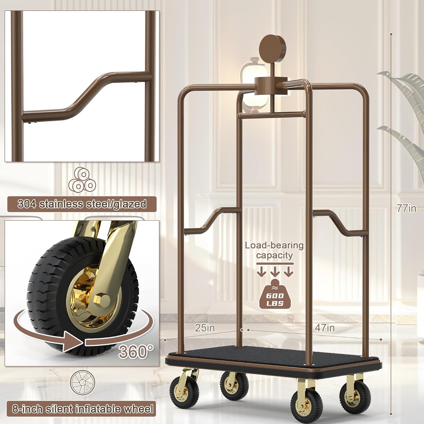 Hotel Luggage Cart,1500 lbs Bellman Trolley, 47"x25"x77" Brushed Stainless Steel, 8" Silent Rubber Pneumatic Wheels, Nylon Carpet Deck Bumper Rails – for Hotels, Resorts & Condos (Round top)