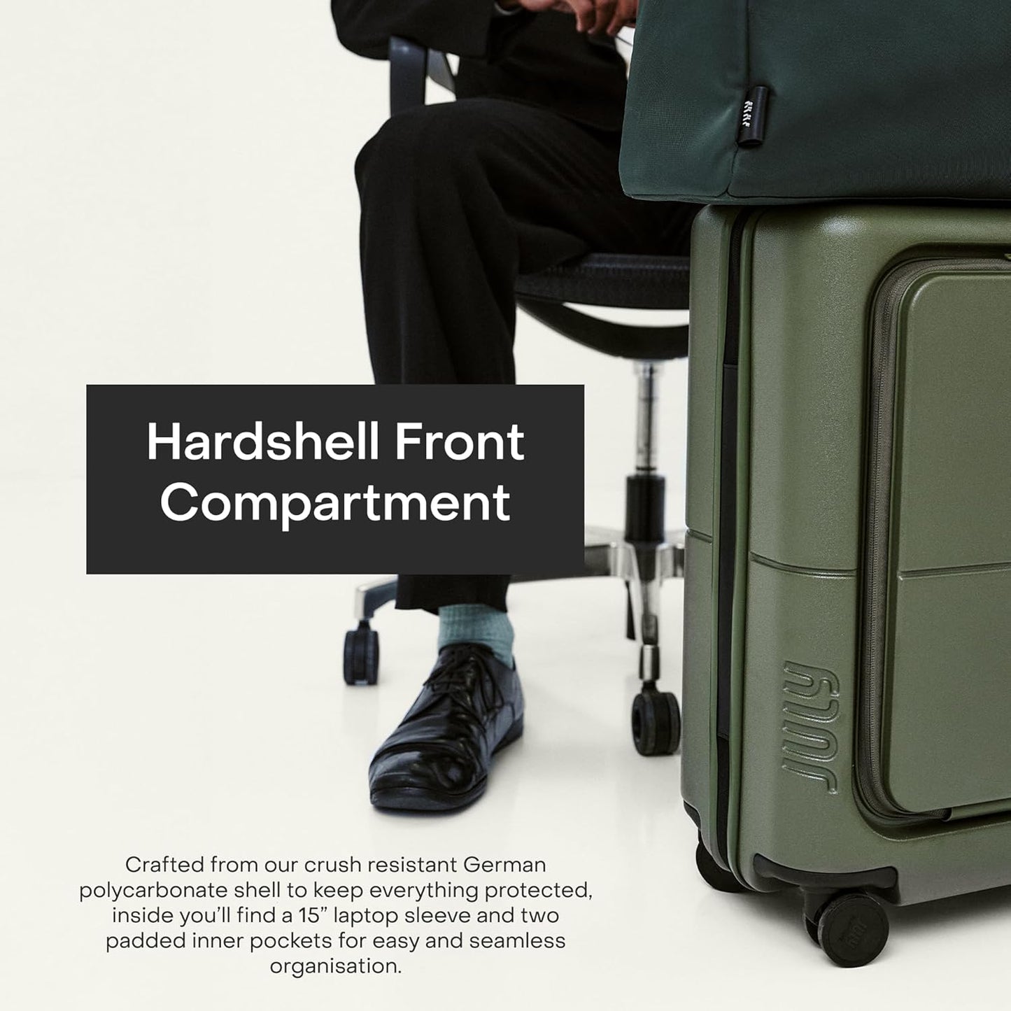 Carry On Pro - 20" Hardshell with Front Pocket, Airline Approved Carry On Luggage with Wheels, TSA Lock Rolling Suitcase, Silent Spinner Wheels, USB Ports & Ejectable Battery - Moss