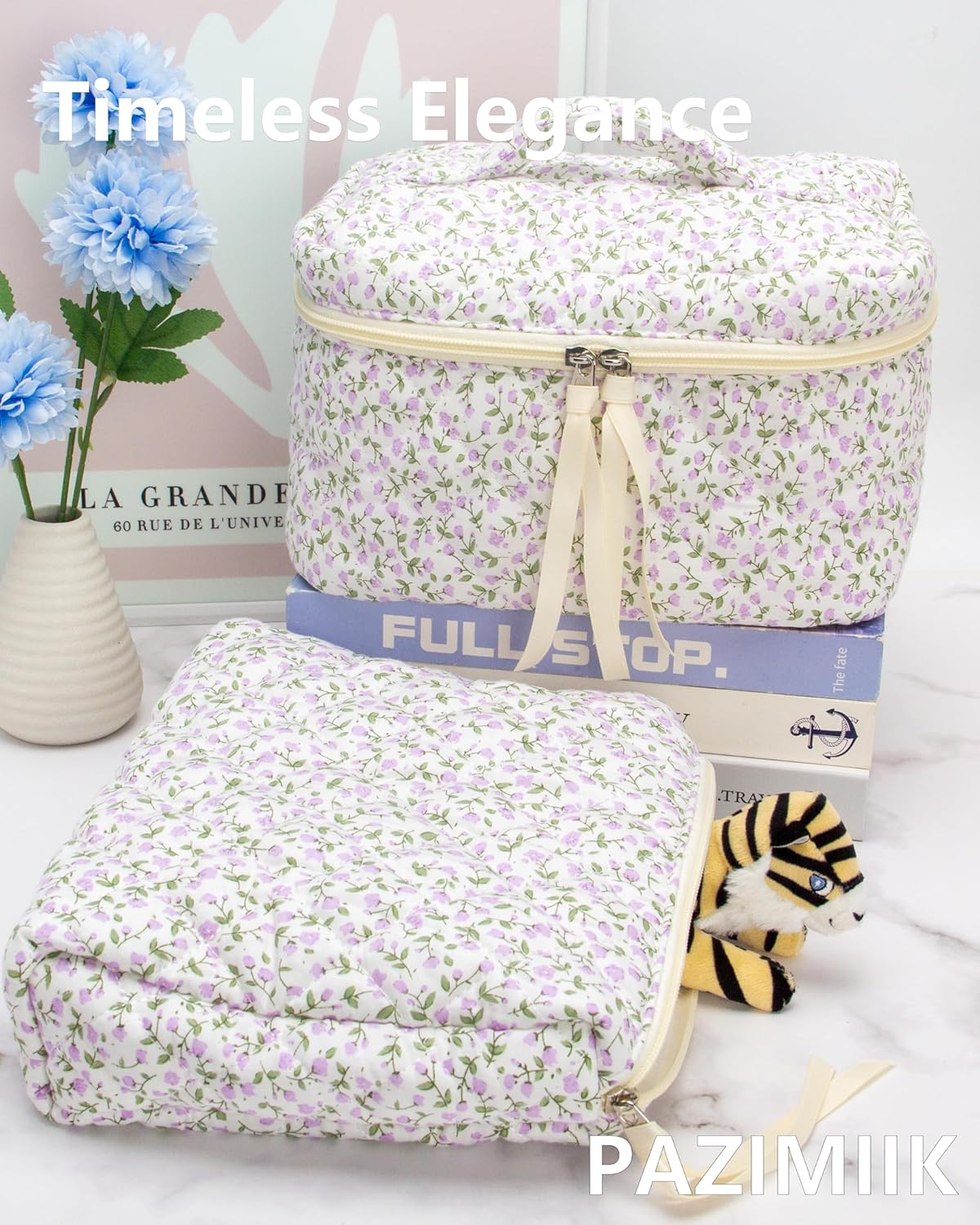 PAZIMIIK Quilted Makeup Bag Large Travel Zipper Soft Cosmetic Case for Women Girls Make Up,Floral