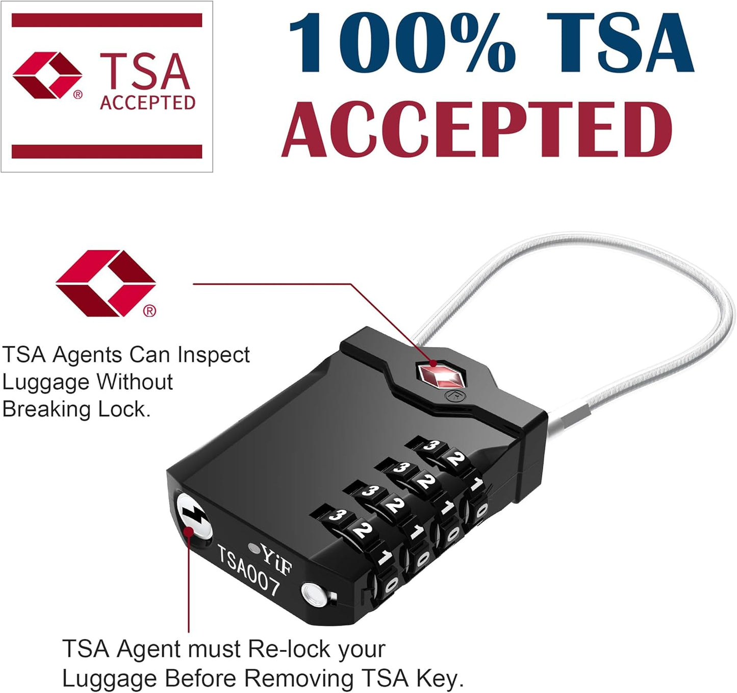 TSA Accepted Locks for Luggage, 2 Pack Combination Travel Steel Cable Lock, Re-settable 4 Digit Padlocks with Inspection Indicator, Alloy Body Keyless Padlock for Lockers, Backpacks, Bags - Black