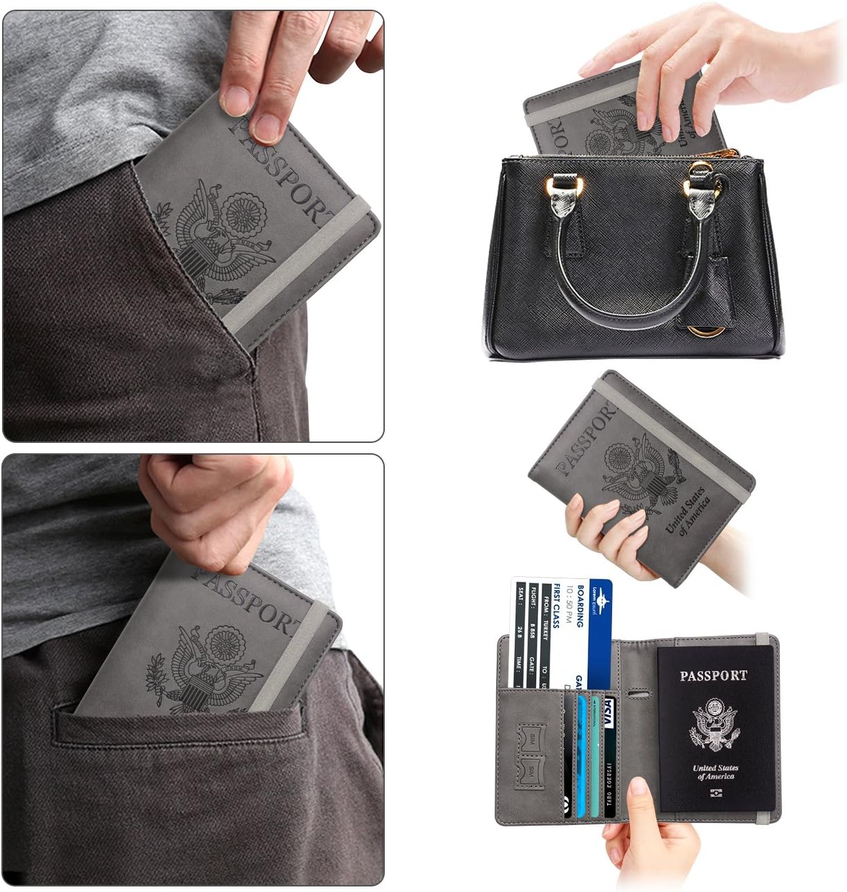 WALNEW Passport Holder for Travel, RFID Passport Cover Wallet for Women Men, PU Leather Passport Book Card Holder Case with Pen, Travelling Essentials for Flying