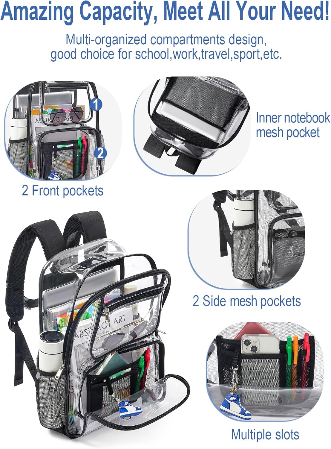 Heavy Duty Clear Backpack For Kids Women Men Boys Girls, 17 Inch Large See Through Backpack, Clear Bookbag With An Extra Pouch Accessories, Transparent Bag For School College Sport Work, Black