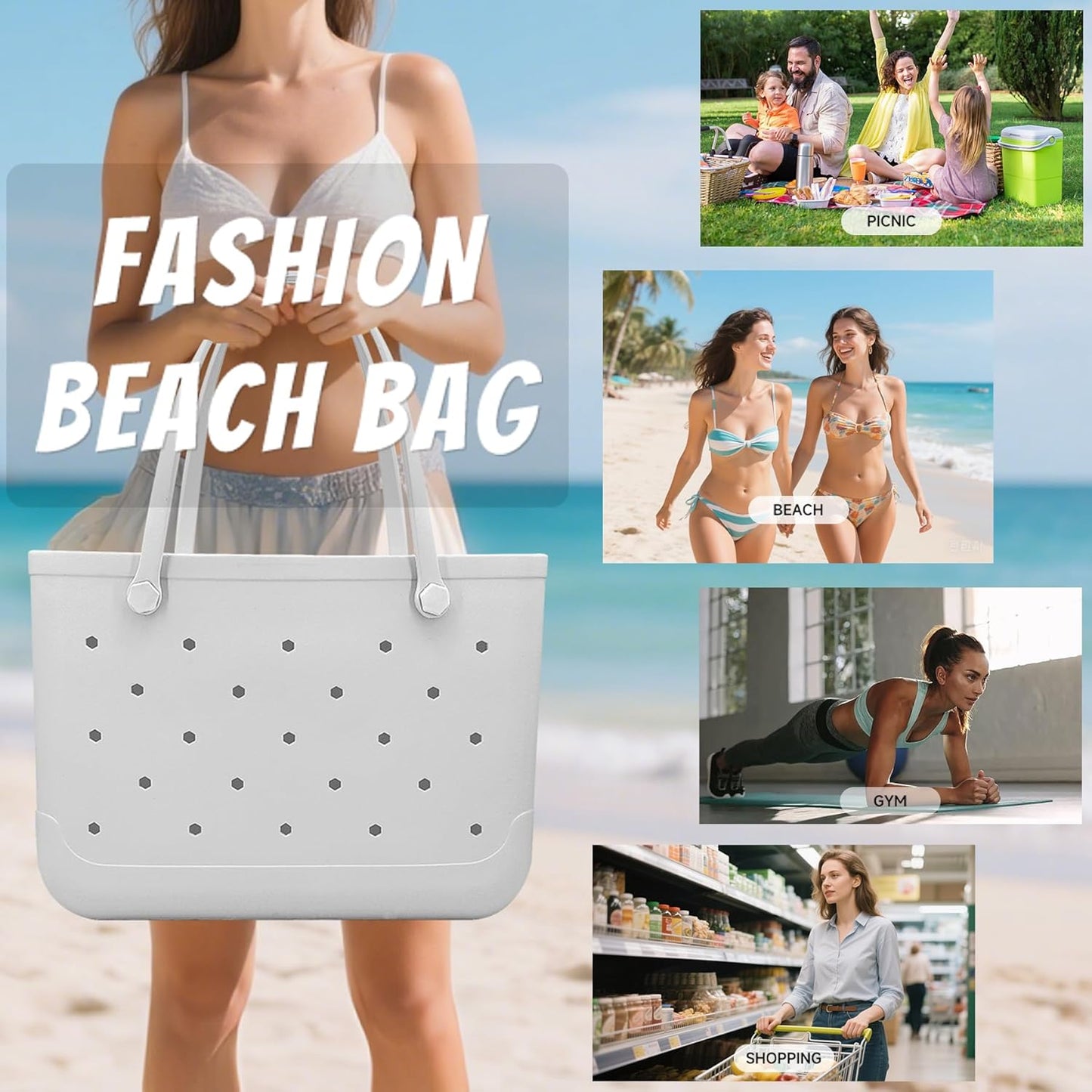CXY Rubber Beach Bag, Waterproof Travel Tote bag for Women Outdoor Summer Beach Tote Washable Bag Open Handbag for Daily