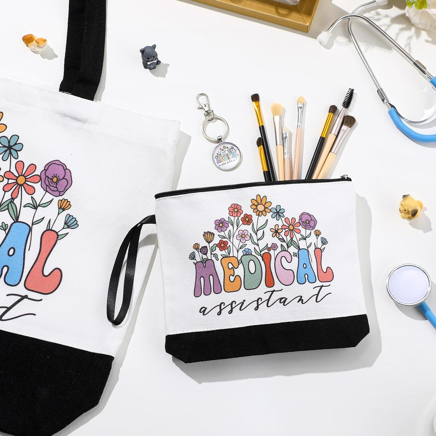 Kacctyen 3 Pcs Medical Assistant Gifts Fine Canvas Tote Bag Mental Healthy Makeup Cosmetic Bag Administrative Assistant Appreciation Keychains Gifts for Women Medical Birthday Christmas