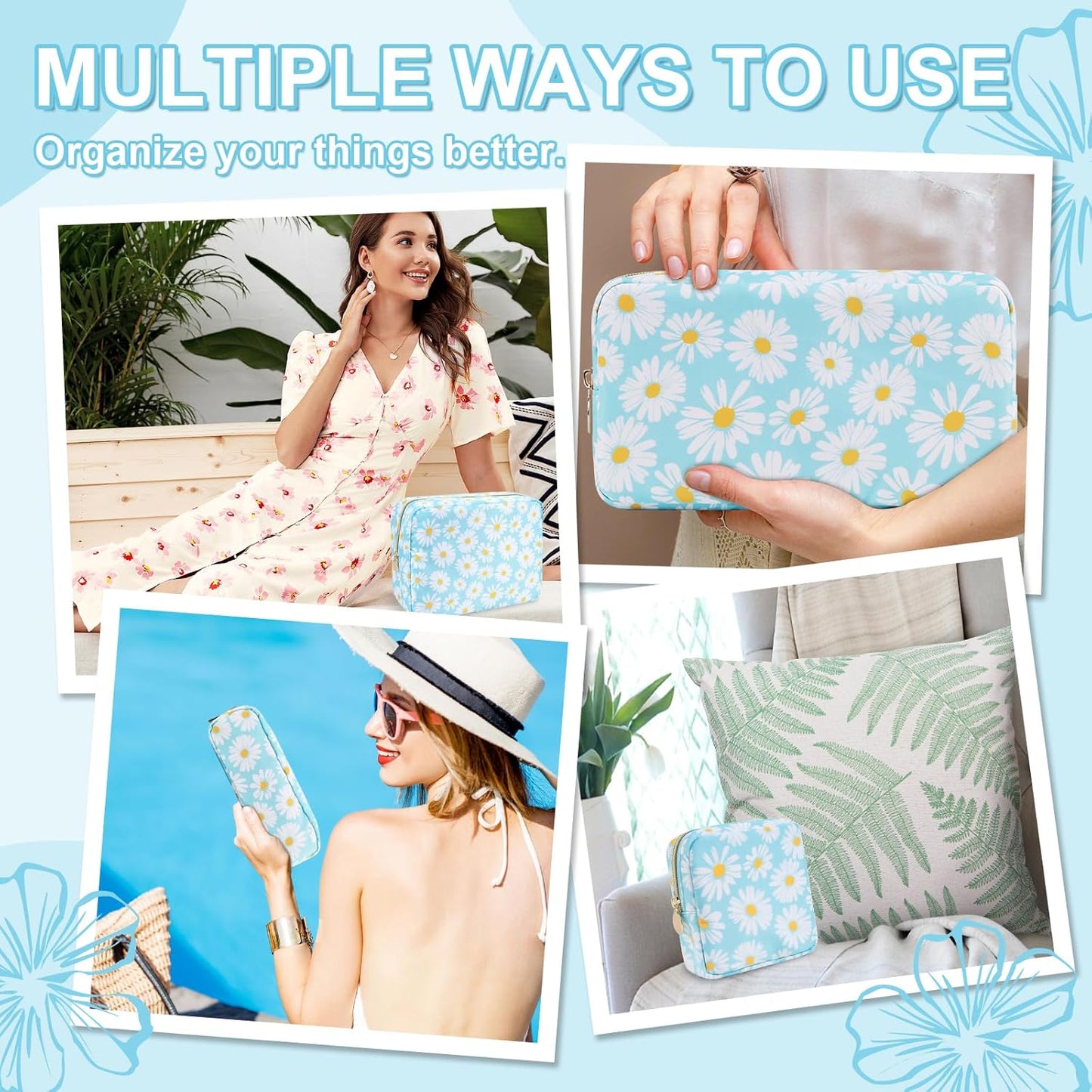 Waterproof Small Floral Makeup Bag Pouch for Purse,Nylon Flower Cosmetic Bag Preppy Travel Toiletry