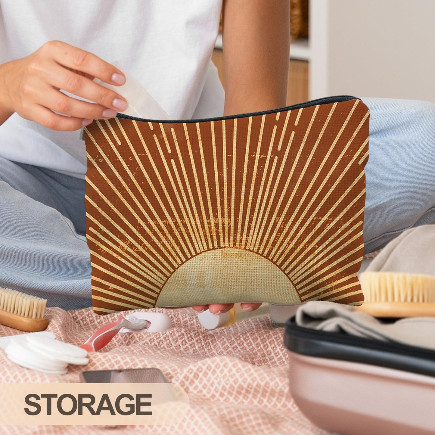 Sunshine Ray Boho Makeup Bag, Granola Girl Gifts, Vintage Orange Boho Neutral Sun boho Bags for