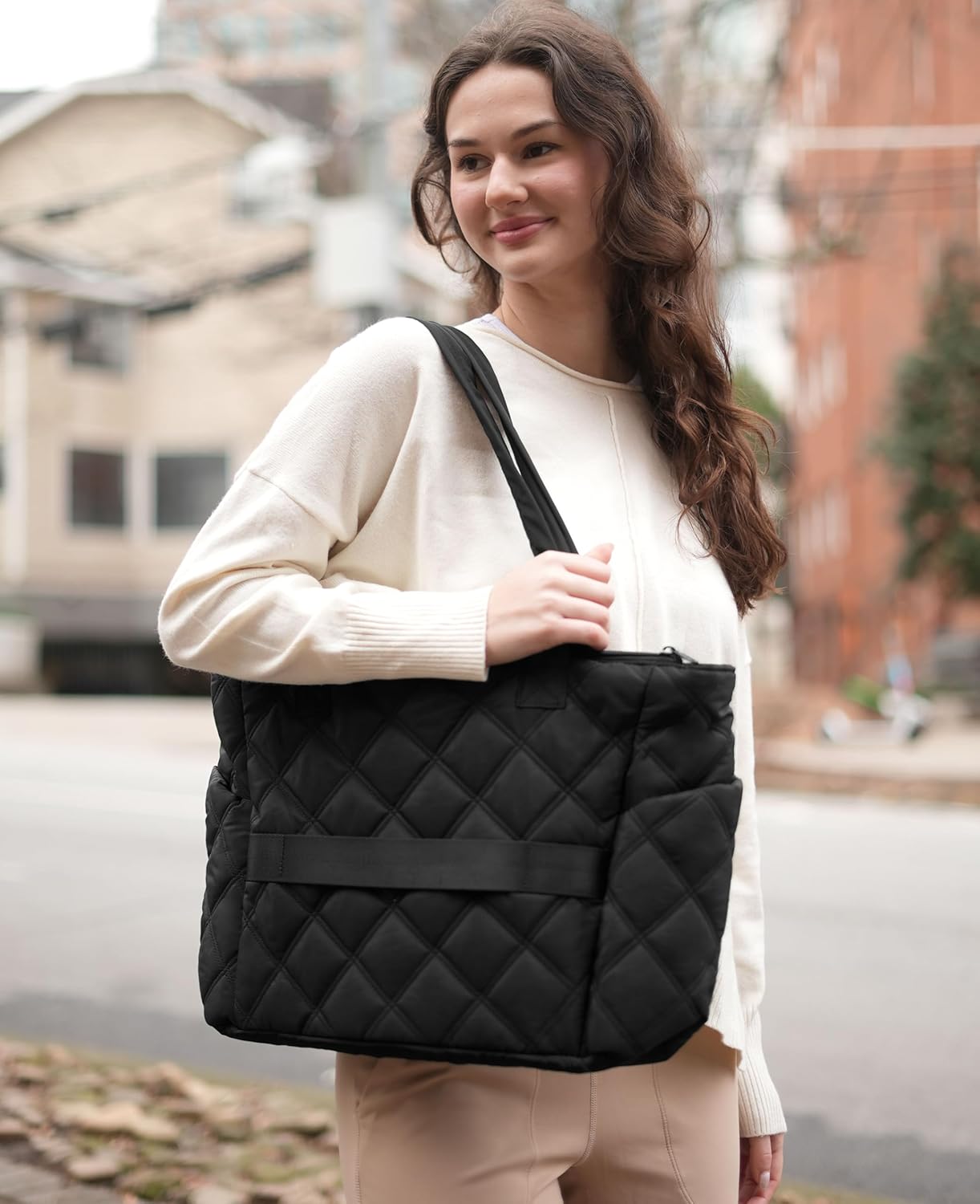 Tote Bag for Women, Lightweight Puffer Tote Work Bags with Compartments for Travel, Quilted Shoulder Bag with Zipper