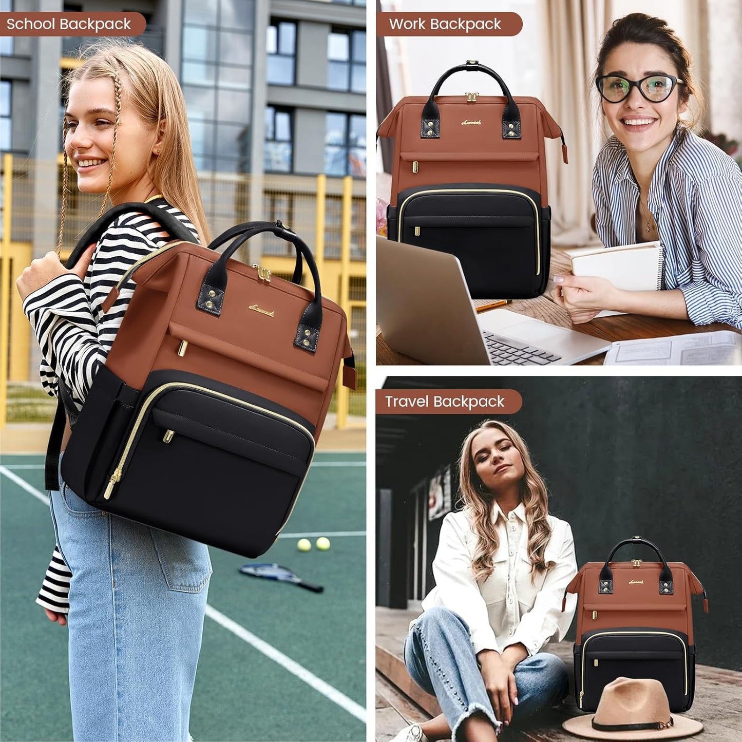 LOVEVOOK Leather Backpack for Women,15.6 inch Leather Laptop Backpacks Women,Professional Work Backpacks Nurse College Teacher Bag,Womens Laptop Computer Travel Tote Backpack Purse Daypack,Brown-Black