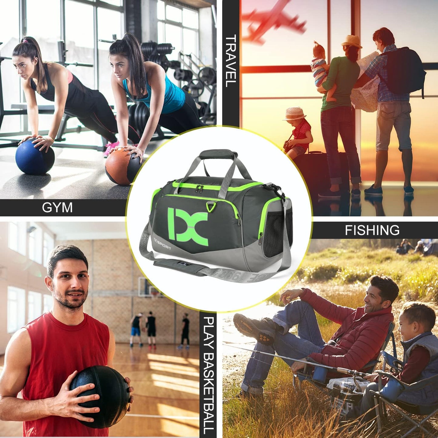 Sports Gym Bag,INOXTO Travel Duffel Bag with Dry Wet Pocket And Shoe CompartmentFor Women and Men,40L/55L Fitness Waterproof Weekender Bag For Swim Sports Travel Working Out (Gray green, 40L)