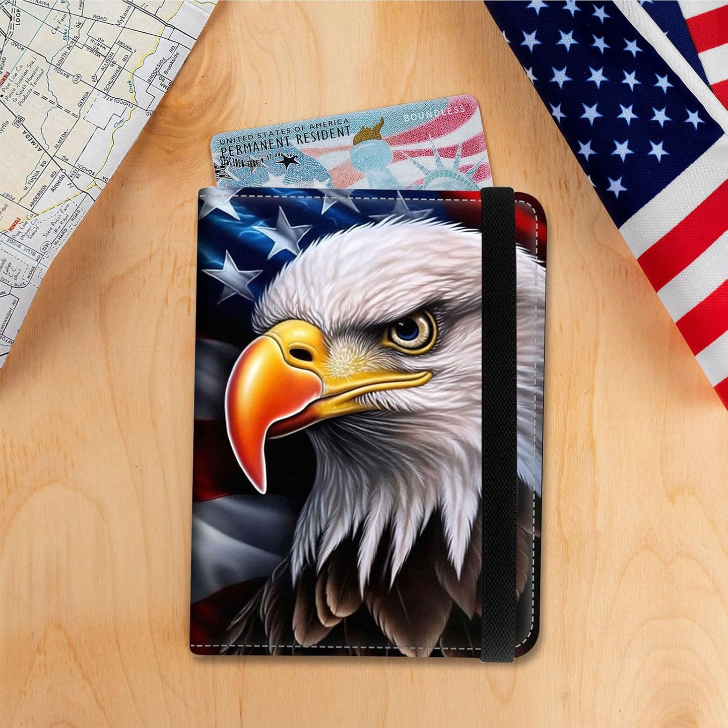 Passport Holder Cover Wallet Travel Essentials RFID Blocking Case Leather Passport Cover Wallet Vaccine Card Slot Organizer for Men Women, Eagle Flag