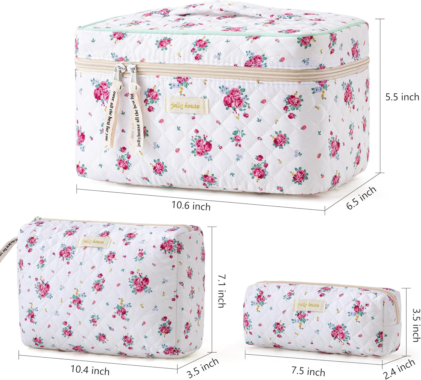 HBselect Quilted Makeup Bag, 3PCS Cotton Large Travel Makeup Bag, Cute Floral Coquette Make up Bag Cosmetic Bag Toiletry Bag for Women Girls