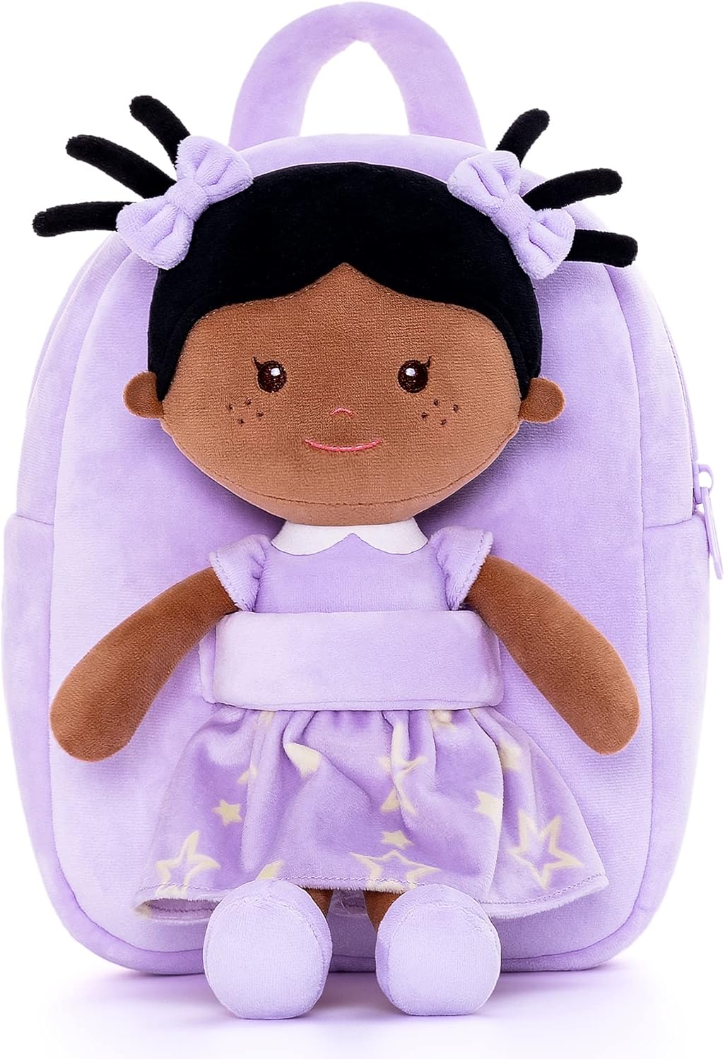 Onetoo Back to School Gifts for Girls Toddler Kids Backpack with Soft Tanned Baby Dolls in Purple Star Dress 9.5"