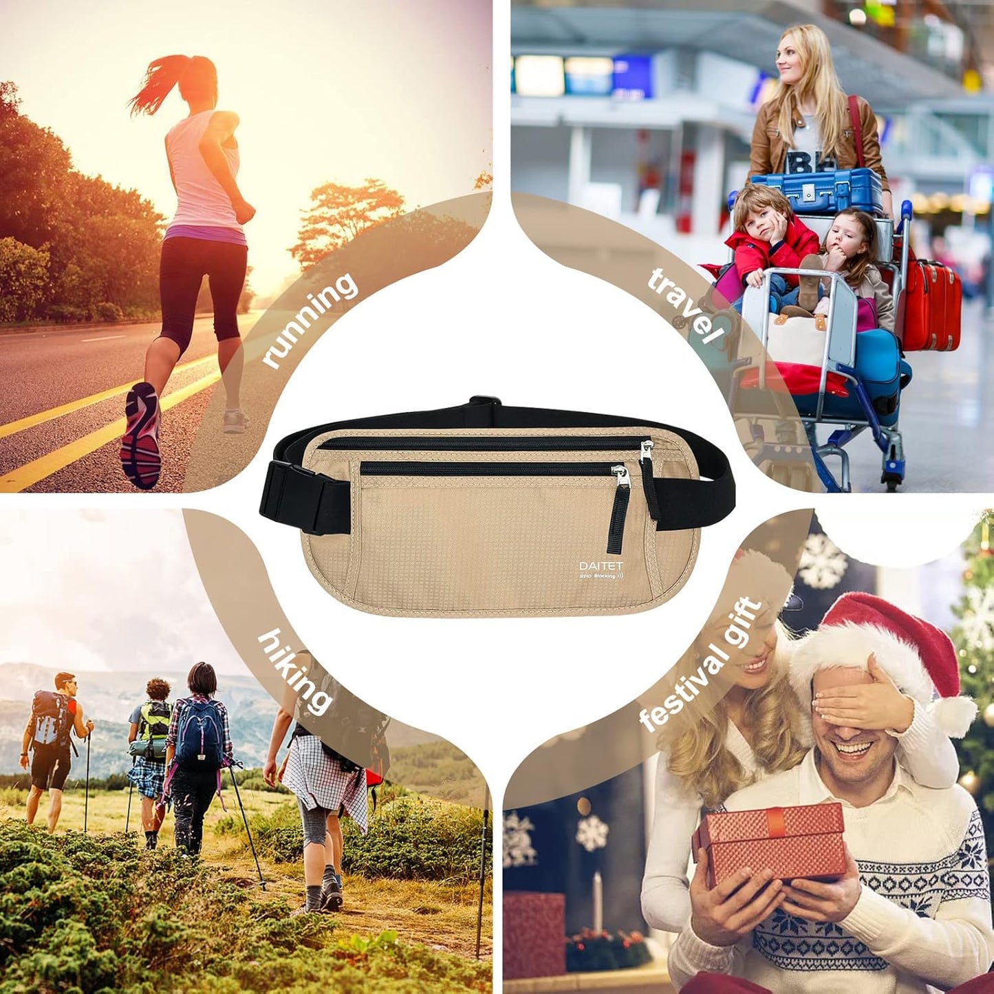 RFID Blocking Money Belt for Men Women, Slim Fanny Pack For Travel,Running,Conceal Waist Wallet For Passport Holder,Phone,Cash(Black Beige), Black Beige