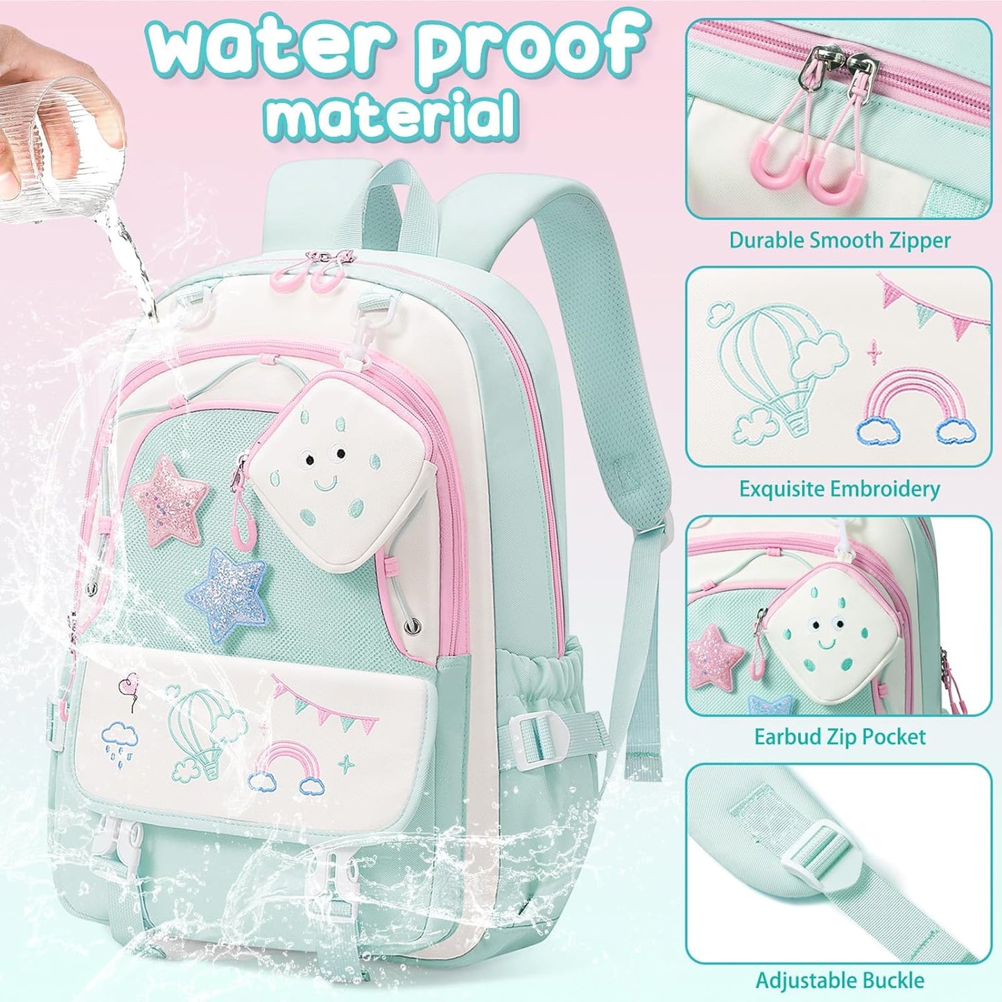 Fimibuke Kids Backpack for Girls, 4 PCS Waterproof Teen Girls Backpack with Lunch Box, Pencil Case & Headphone Bag Set, Cute Kids Bookbag Travel School Bag for Elementary Middle High School Student