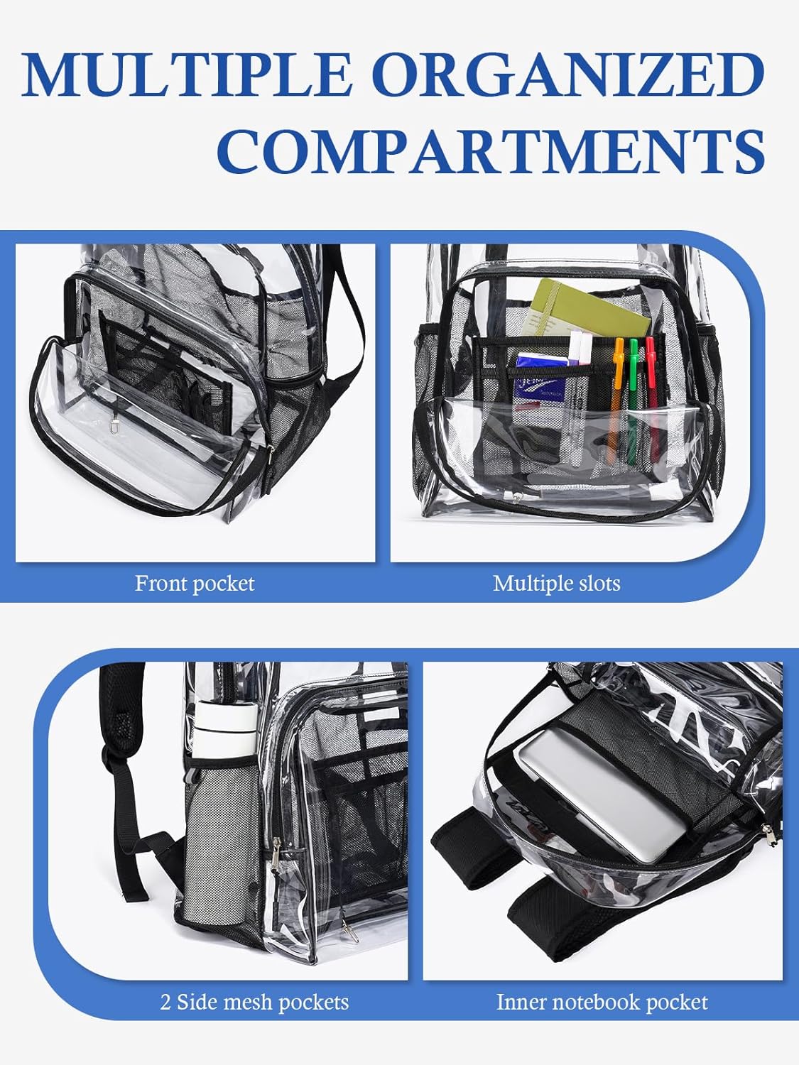 Clear Backpack for School, 17 inch Large Heavy Duty-TPU See Through Bookbag for Boys Girls and Adult, Transparent Backpack With Multi-Pockets for College Work Gym Sport, Black