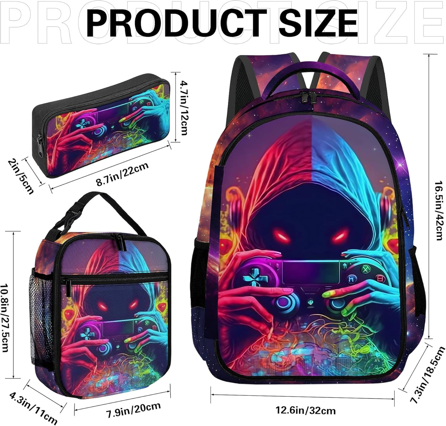 Game Backpack Set for Boys, Gaming Backpack 3 Pack, Boys Lunch Box, and Pencil Bag for Kids, 17"