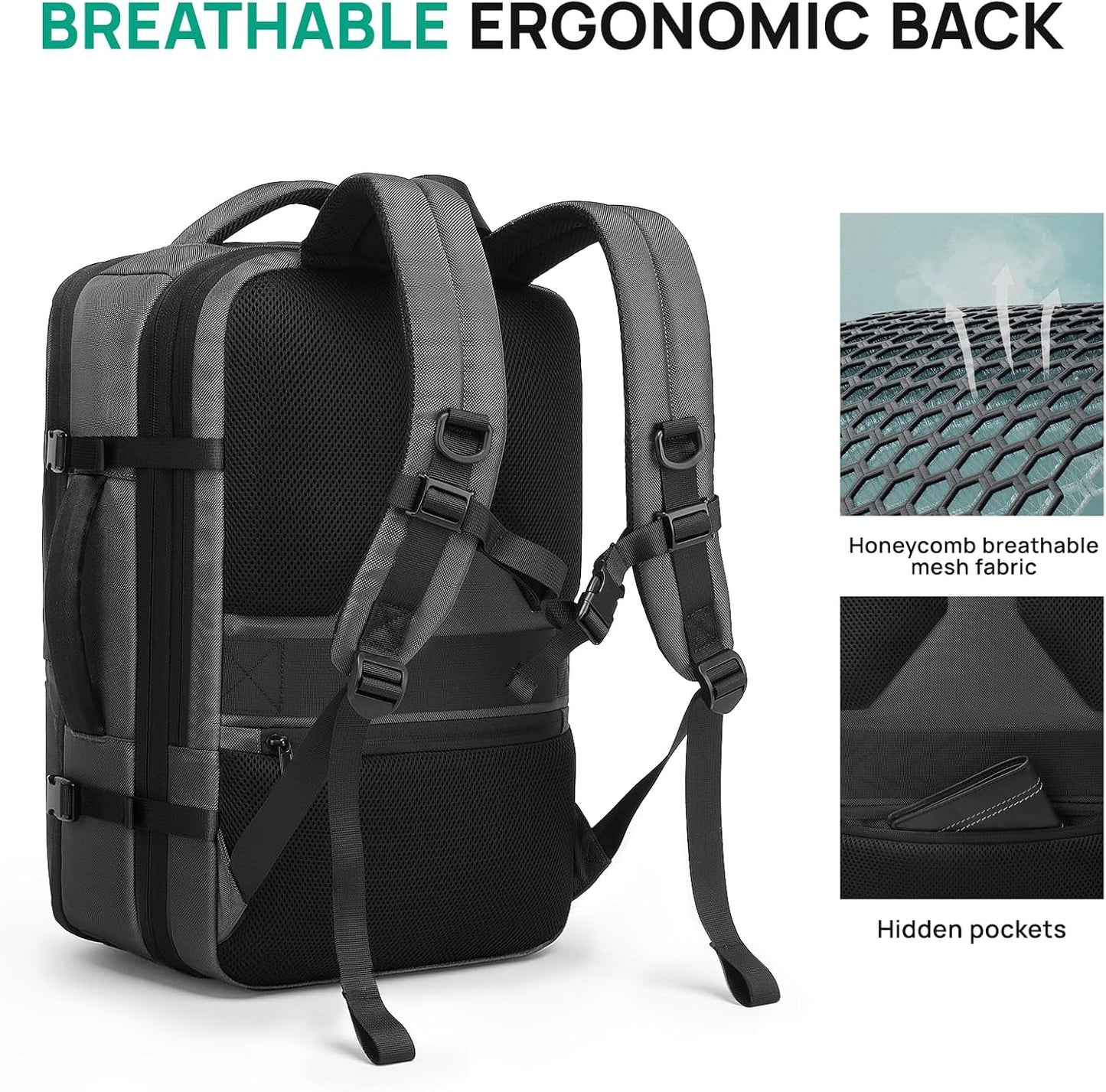Dinictis Vacuum Seal Travel Backpack 60L Built-in Pump, Expandable Backpack with Vacuum Compression fits 17 inch Laptop, Waterproof Carry On Suitcase Luggage suit for Short Trip and Business-Dark Grey