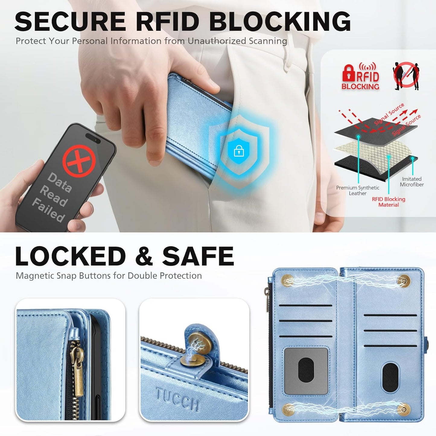 TUCCH Crossbody Detachable Wallet Case for iPhone 17 Pro 6.3" 2025, 9 Card Slots RFID Blocking | Wireless Charging | Wrist Strap Lanyard | Stand | Zipper Pocket | PU Leather Cover | Pearly Light Blue