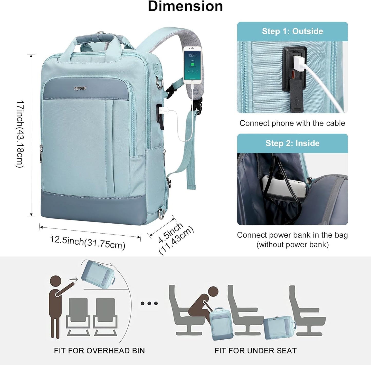 PIJUSHI Laptop Backpack for Women Men Personal Item Travel Backpack Convertible Carry on Bag Flight Approved(PE042 Teal Blue)