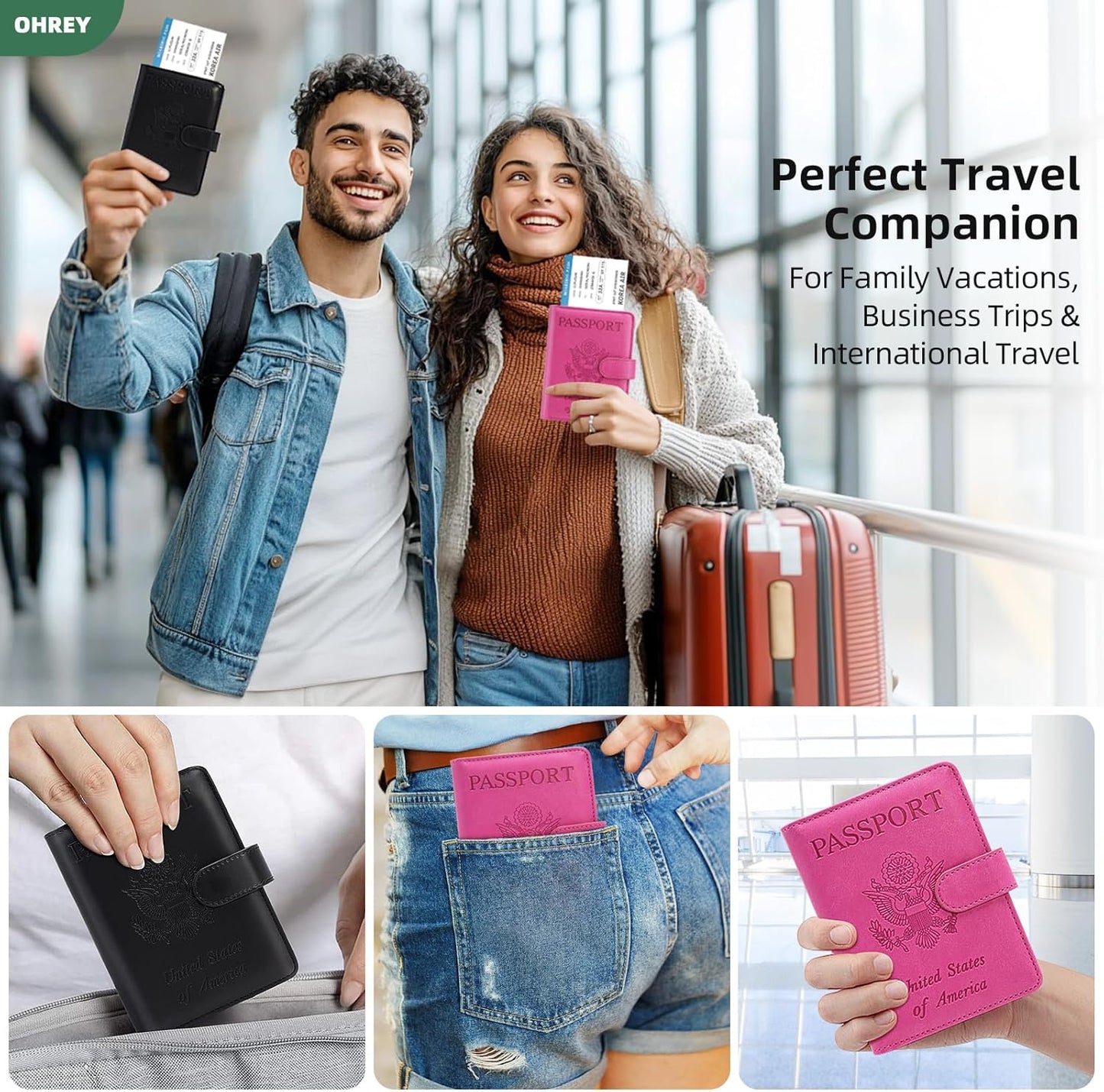 2 Pack Passport Holder for Travel with Luggage Tag Cover – RFID Blocking Passport Wallet Holder for Women & Men | PU Leather Passport Case with Money Pocket & Magnetic Clasp, Blac & Pink