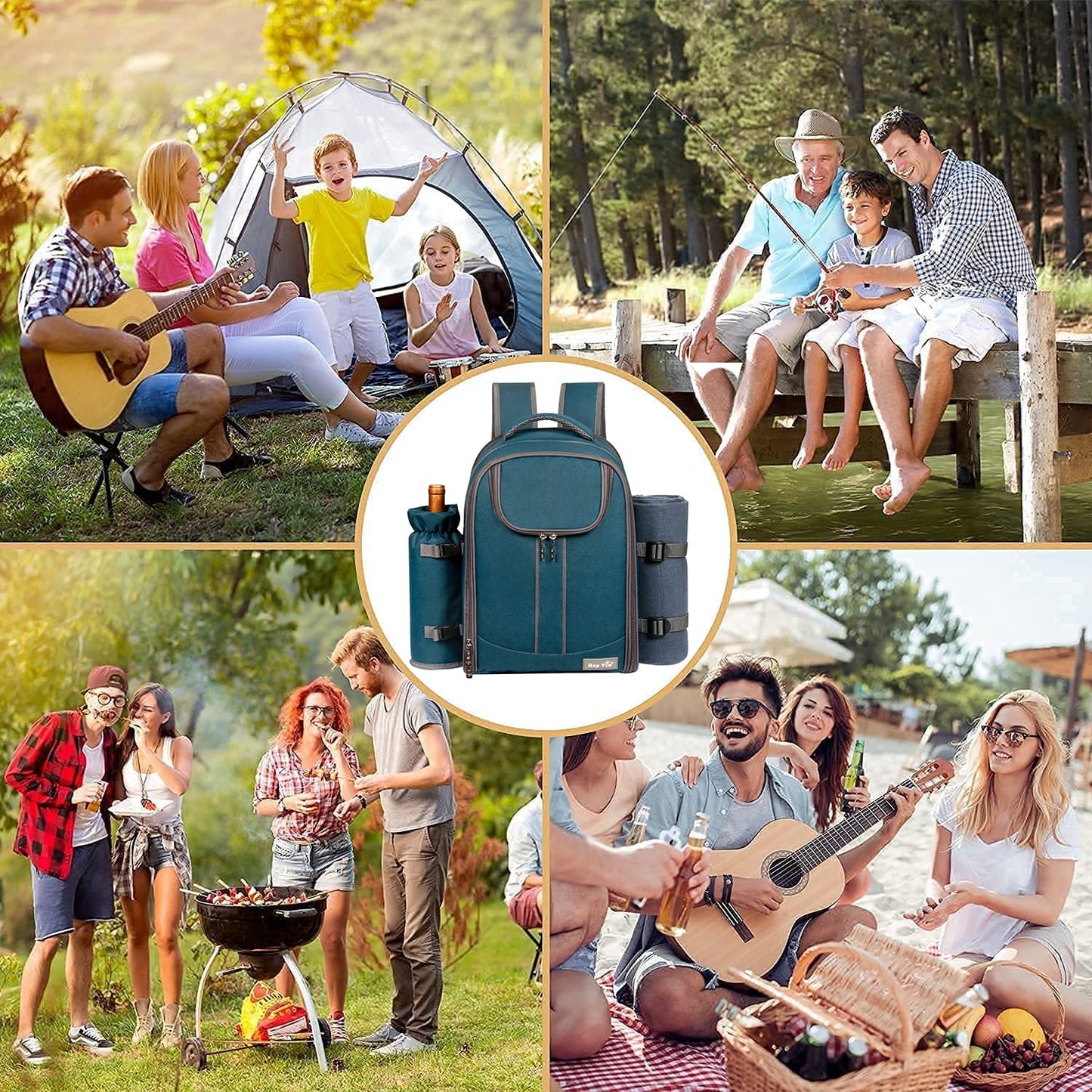 Hap Tim Picnic Basket Backpack for 4 Person with Blanket, Wine Holder, Cooler Compartment, Cutlery