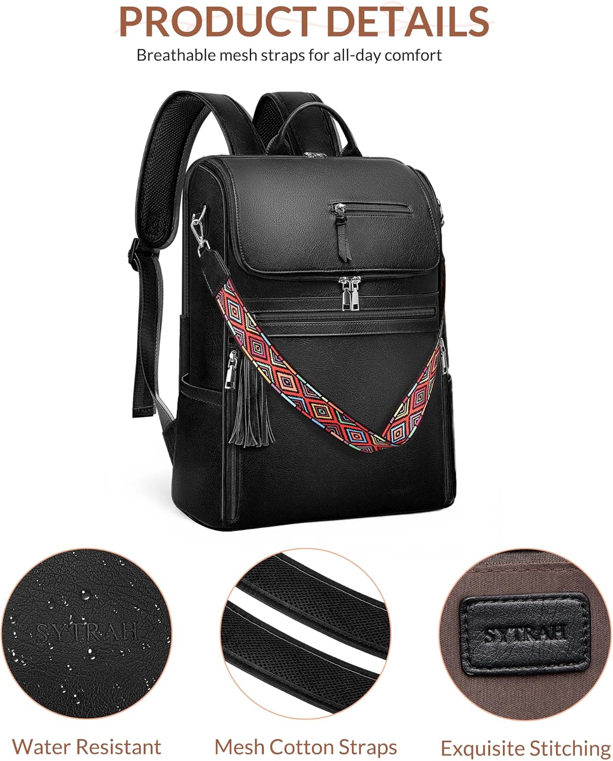 Leather Laptop Backpack for Women Designer Laptop Bag, 16.5 inch Travel Computer Backpacks Purse with Tassel for Work Business with Satchel Purse Black