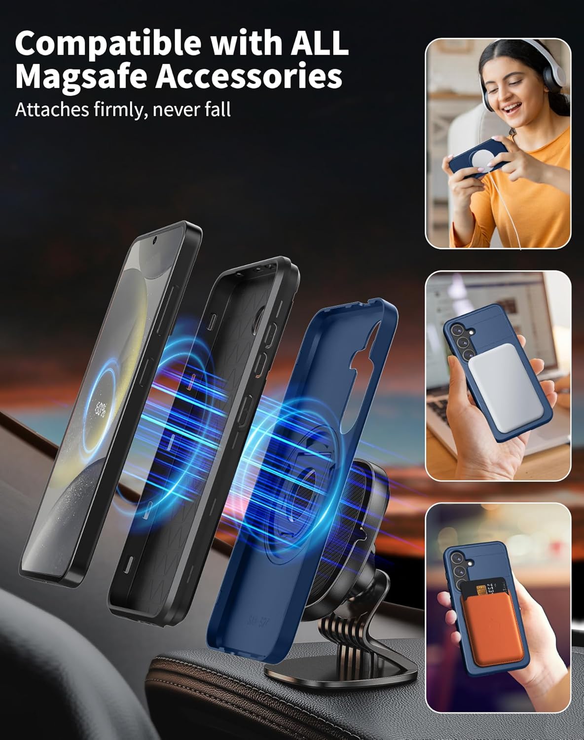 for Samsung Galaxy S24 Case Magnetic Compatible with MagSafe Wireless Charging,with Screen Protector,for S24 Phone Case with Kickstand Ring Anti-Scratch Shockproof Heavy Duty Protection Blue