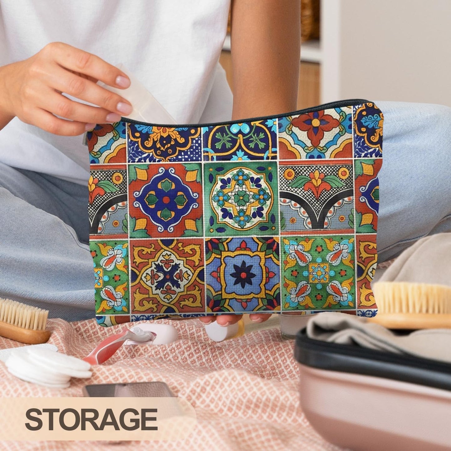 Bohemian Tile Pattern Makeup Bag, Ethnic Moroccan and Mexican Talavera Tile Cosmetic Bag for Women, Vintage Floral Makeup Pouch, Mexican Gifts for Women