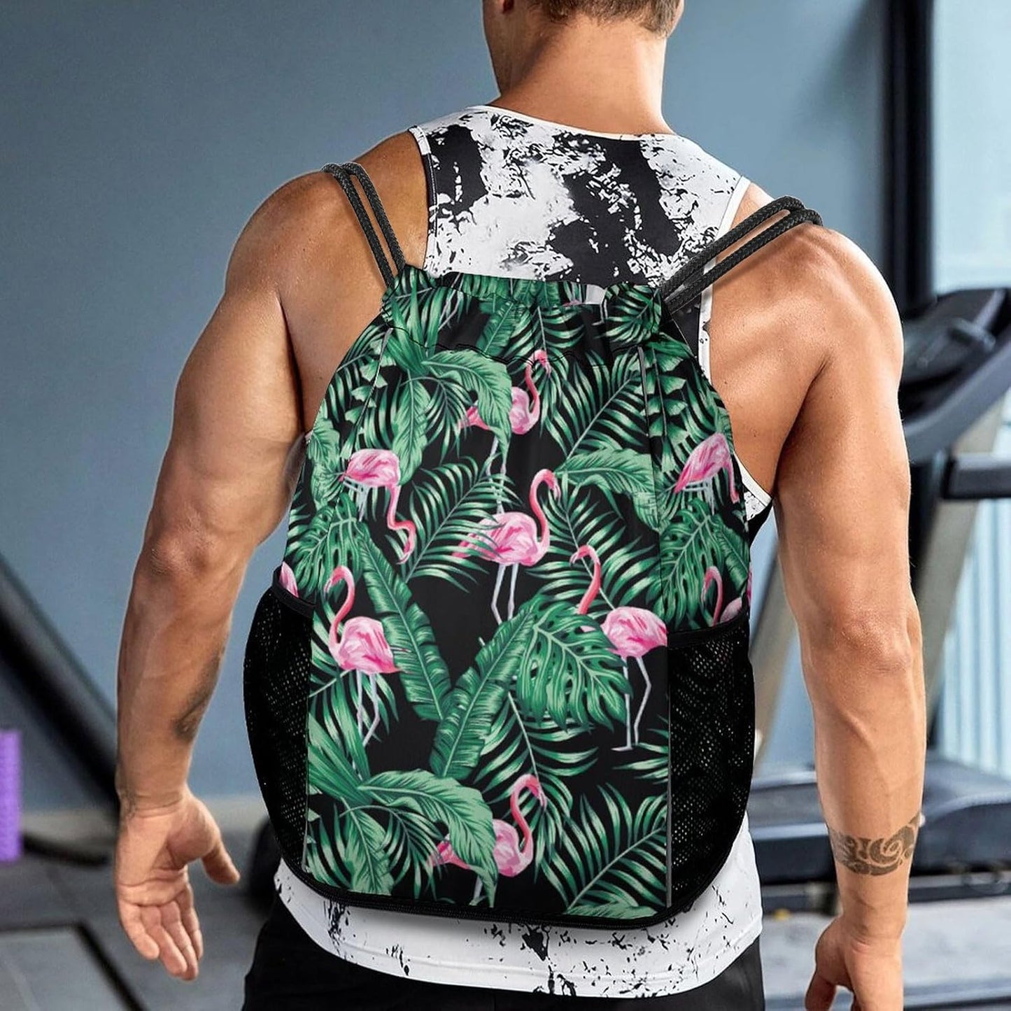 Tropical Flamingos Drawstring Backpack Gym Bag With Shoe Compartment String Bag Sport Beach Swimming Sackpack For Women Men