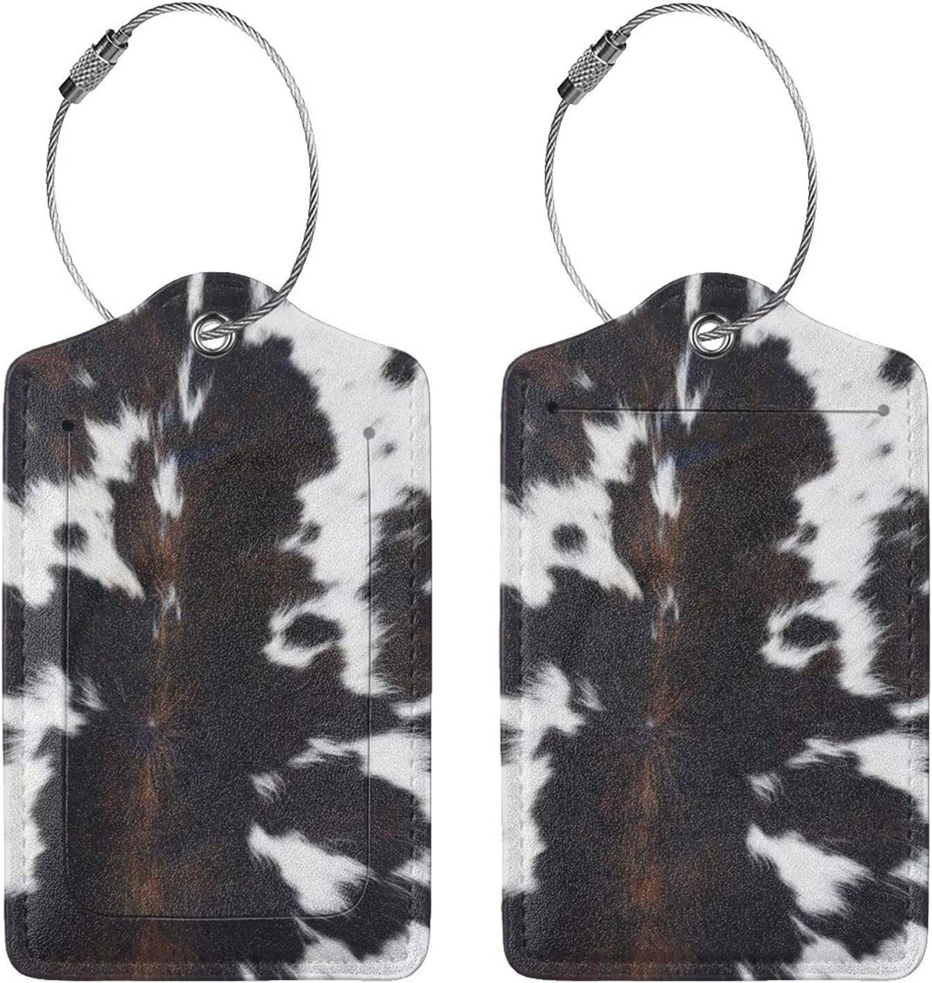 Cow Print Luggage Tags Set of 2 Leather Stainless Steel Loop Label Tag for Travel Bag Suitcase
