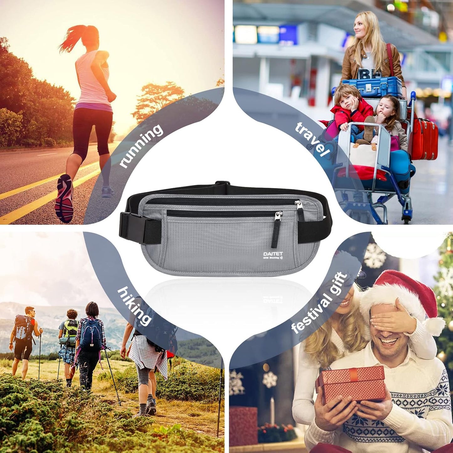 RFID Blocking Money Belt for Men Women, Slim Fanny Pack For Travel,Running,Conceal Waist Wallet For Passport Holder,Phone,Cash(Black Light Grey)