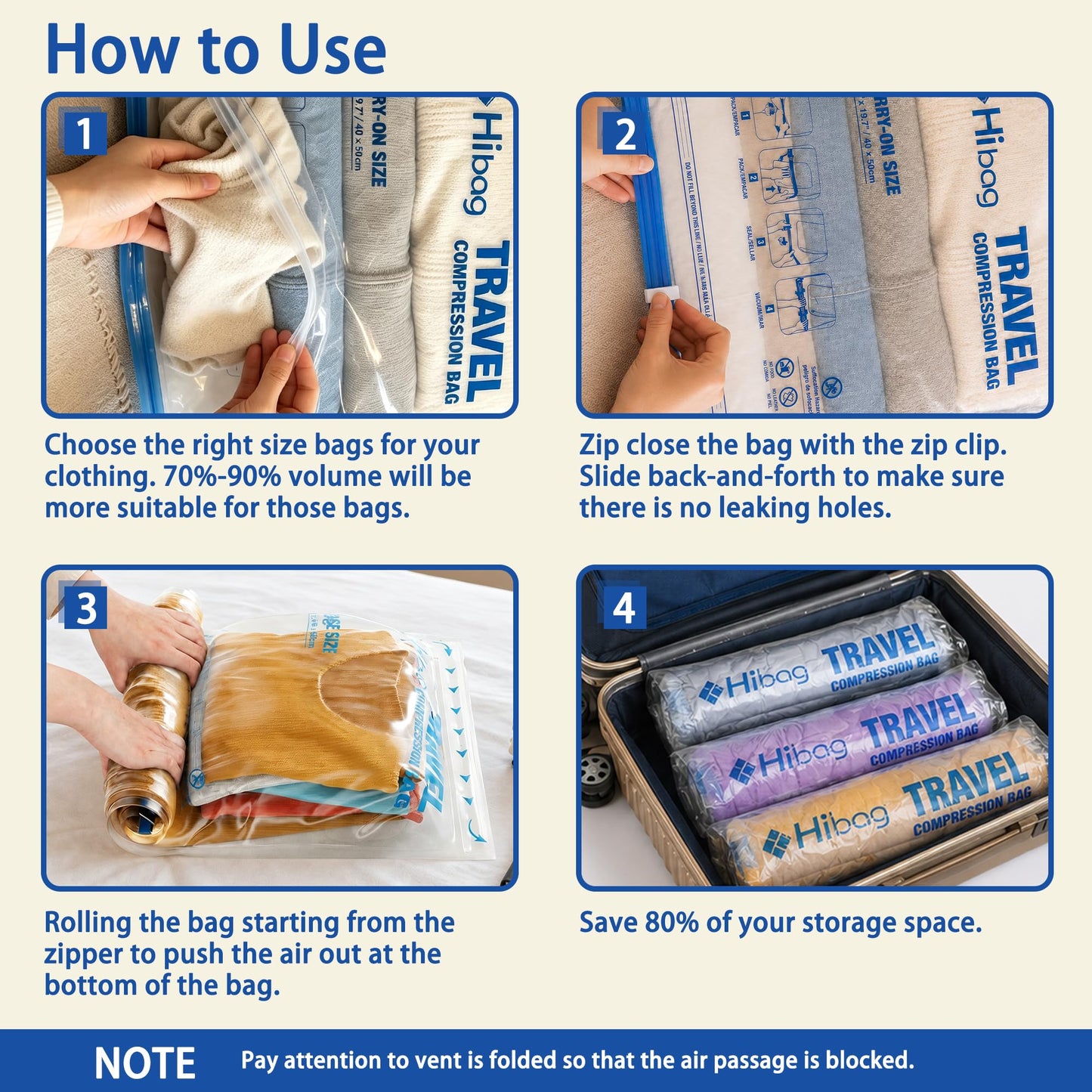Compression Bags for Travel Essentials, Roll Up Bags No Vacuum Needed