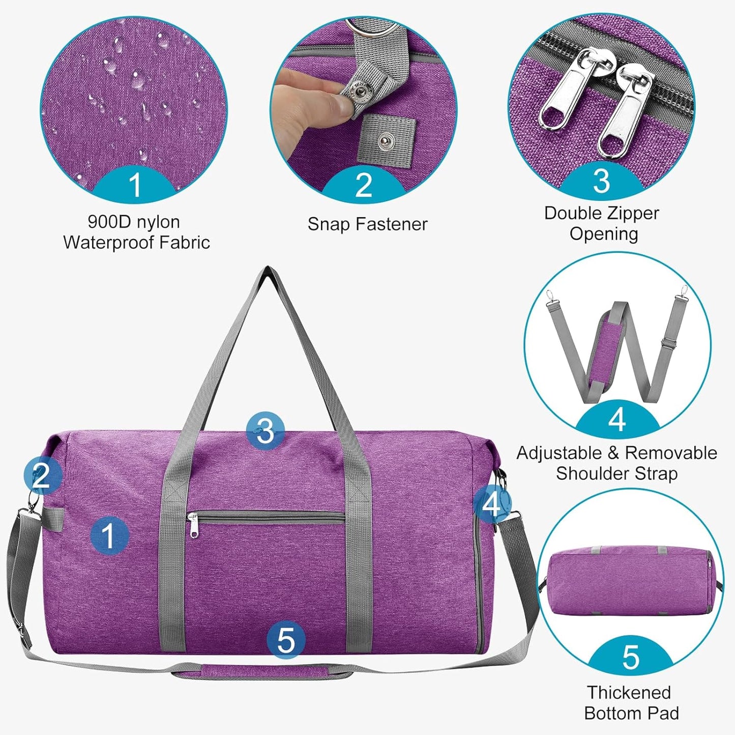 Felipe Varela Carry on luaggage Airlines Approved, Foldable Carry on Bag Travel Duffel Bags Overnight weekender Gym Duffle Carry Bag with Wet Pocket & Shoe Compartment for Women Men (Purple, 40L)