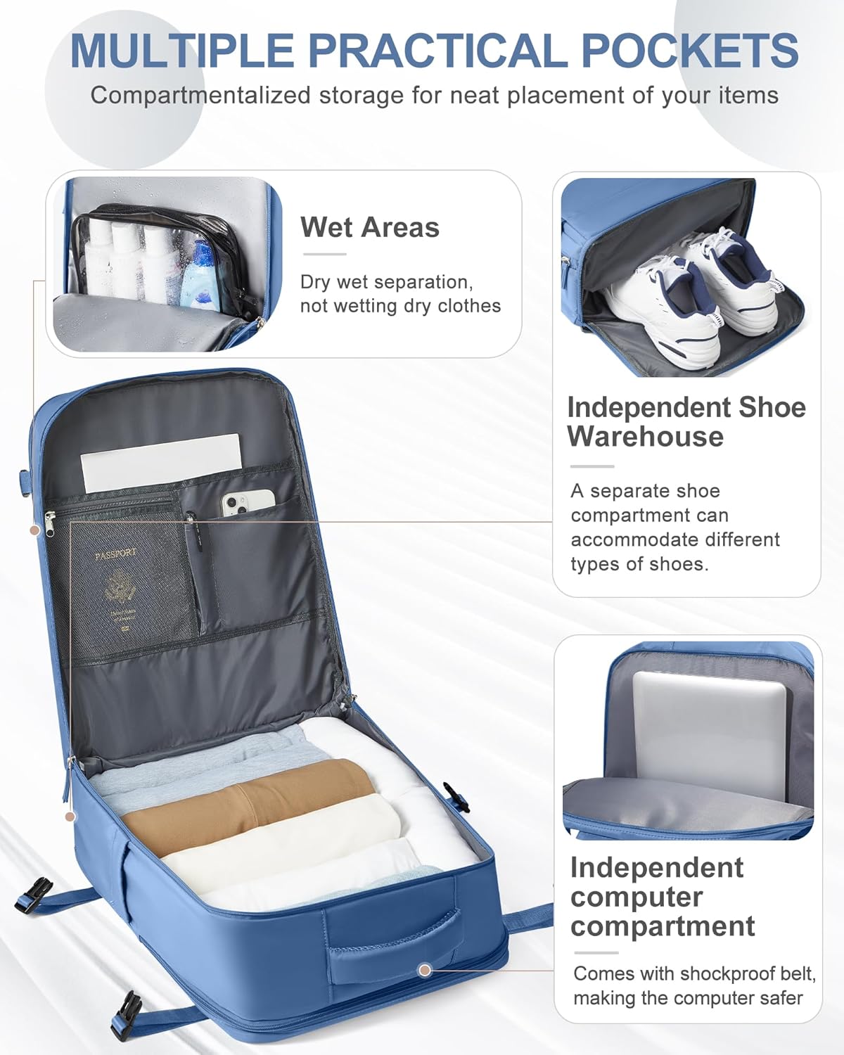 coowoz Large Travel Backpack Carry On for Women Man Waterproof Gym Backpacks with Laptop Compartment Mochila de Viaje Teacher Personal Item Backpack Rucksack Airplane Accessories Must Haves Sky Blue