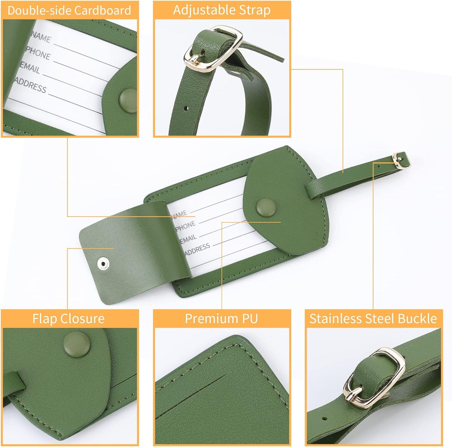 Kevancho Leather Luggage Tags for Men Women, Suitcase Labels Baggage Bag Tag ID Tags with Full Back Privacy Cover for Cruise Ships, Travel Accessories Tags Set of 2 PCS (Green)