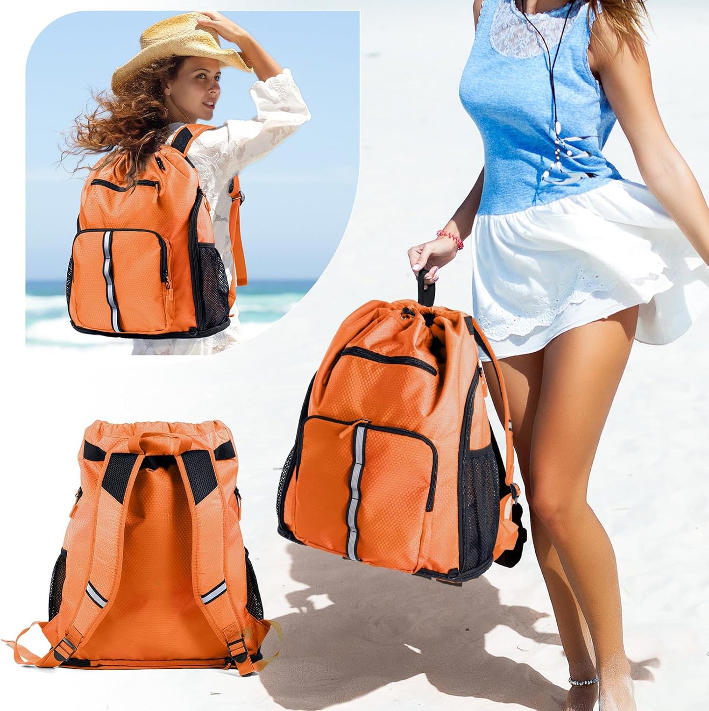 Large Beach Backpack Waterproof Sandproof - Customized Oversized Drawstring Pool Bag with Shoe Compartment for Toiletries, Towels, Gym, Travel